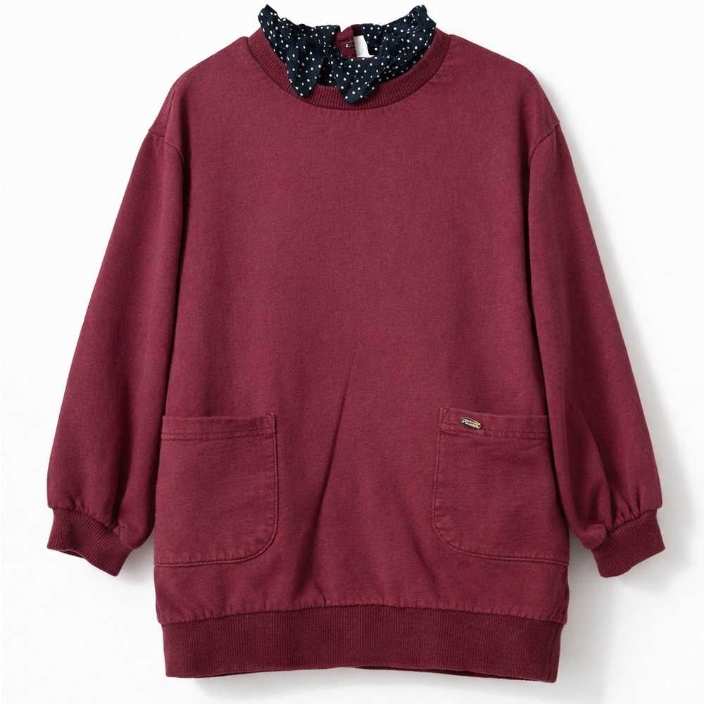 Renoma Paris Girls Burgundy Sweatshirt Polka Dot Ruffle Collar Size 130 (8–9Y)